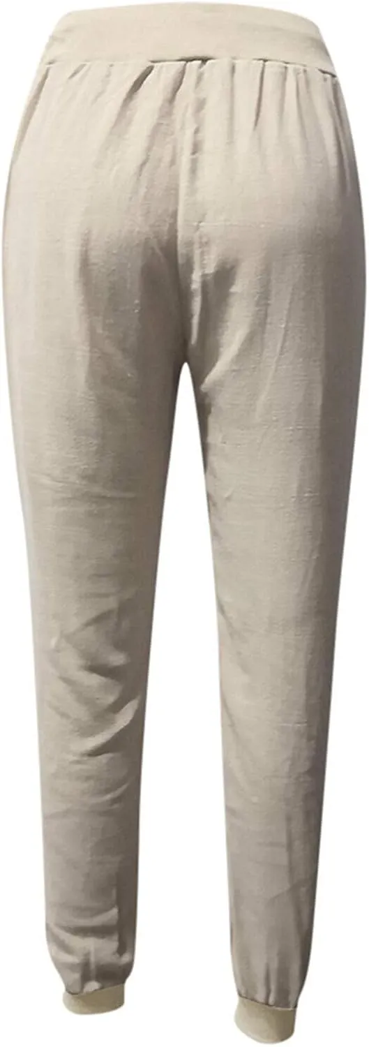 Womens Tapered Pants Cotton Linen Drawstring Elastic Waist Pants Casual Trousers with Pockets Joggers Travel Slacks