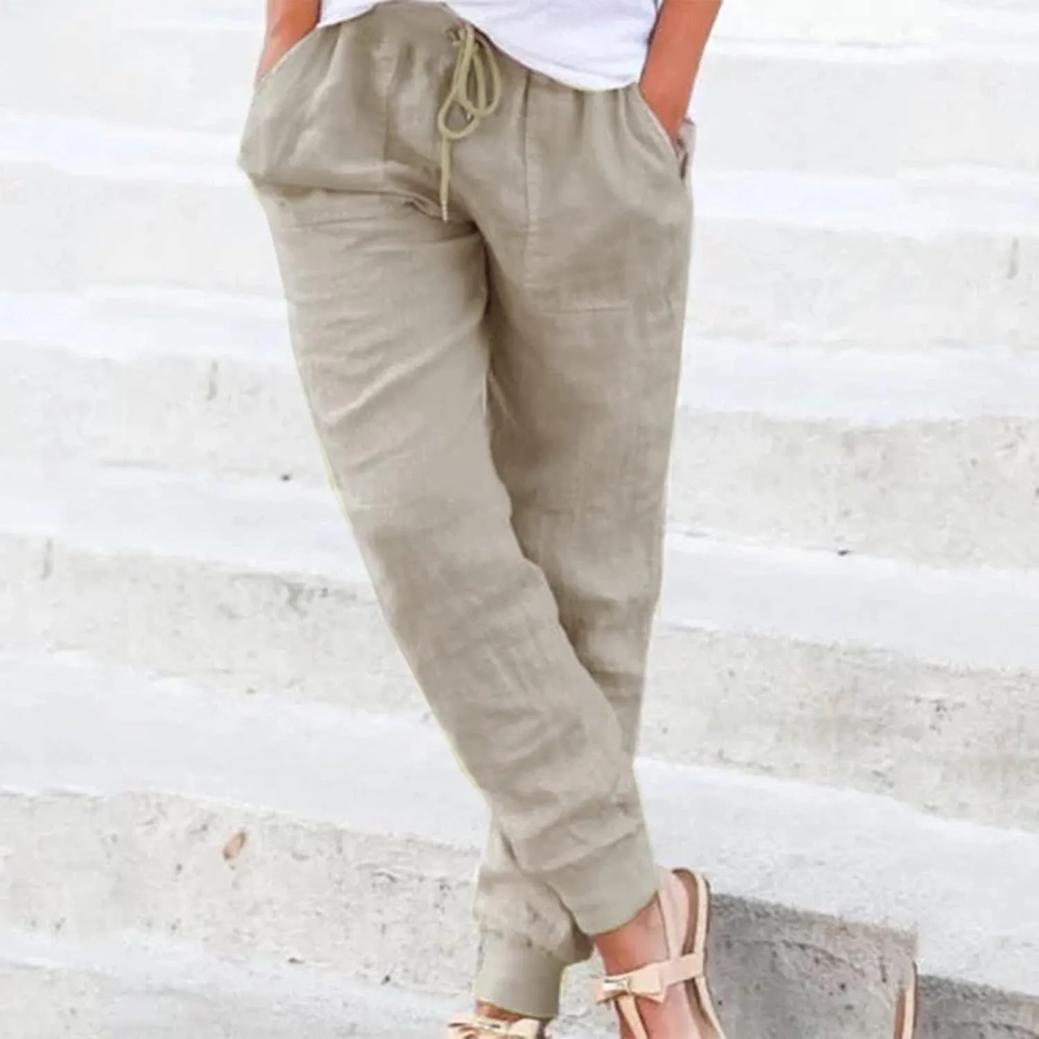 Womens Tapered Pants Cotton Linen Drawstring Elastic Waist Pants Casual Trousers with Pockets Joggers Travel Slacks
