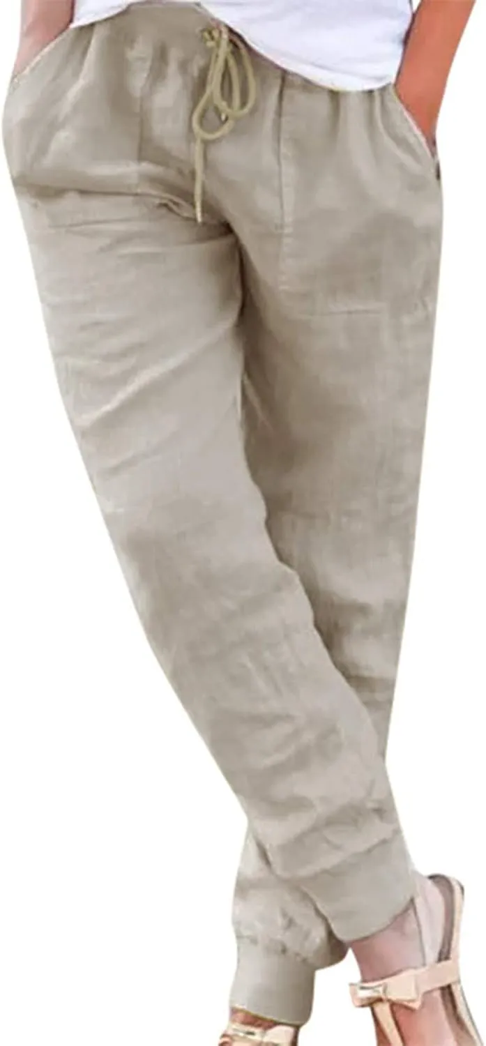 Womens Tapered Pants Cotton Linen Drawstring Elastic Waist Pants Casual Trousers with Pockets Joggers Travel Slacks