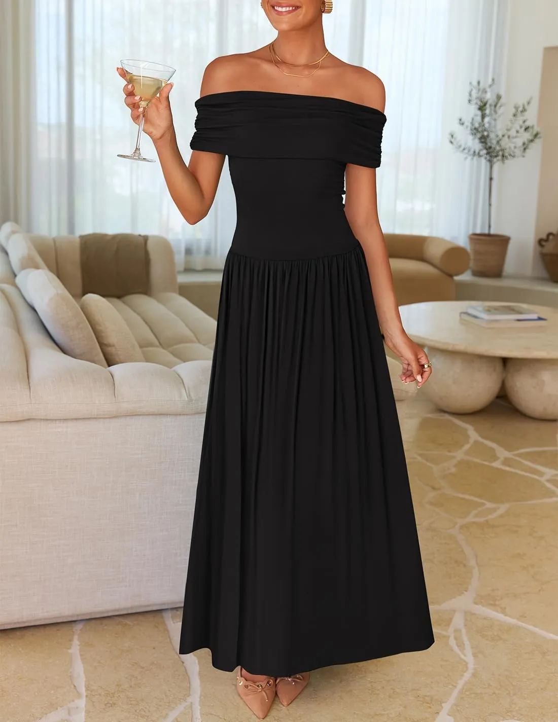 ZESICA Women's Off The Shoulder Maxi Dress 2025 Summer Sleeveless Casual Slim Swing Pleated Formal Party Dresses
