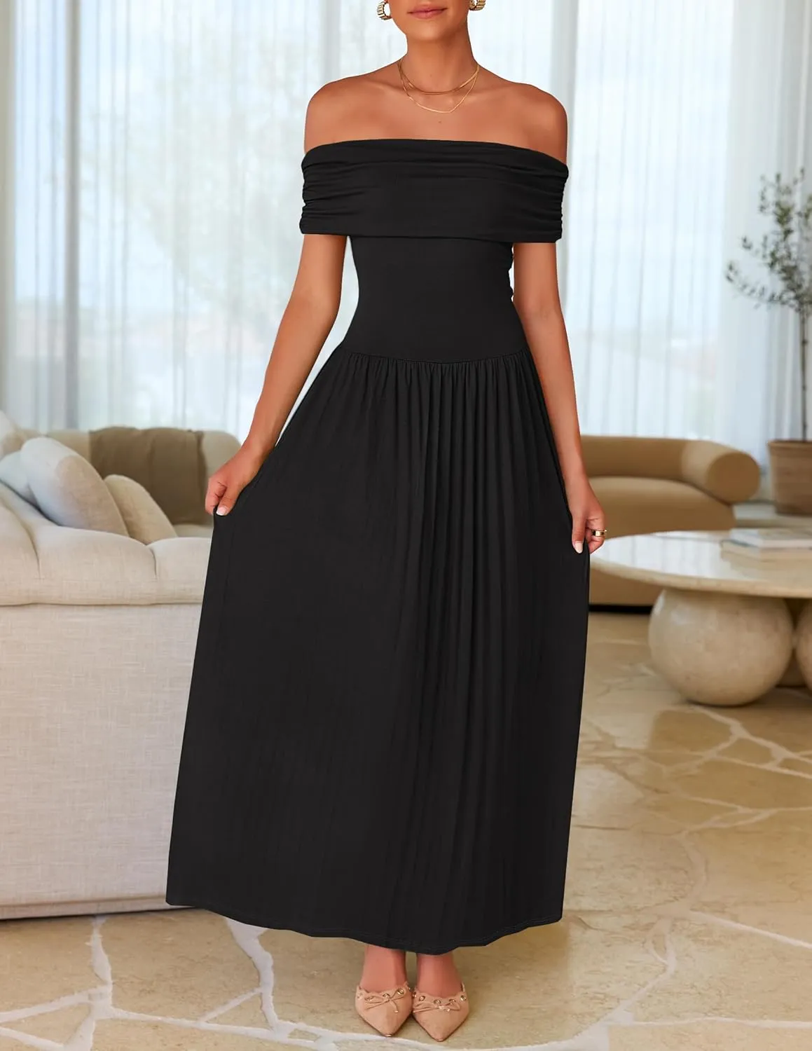 ZESICA Women's Off The Shoulder Maxi Dress 2025 Summer Sleeveless Casual Slim Swing Pleated Formal Party Dresses