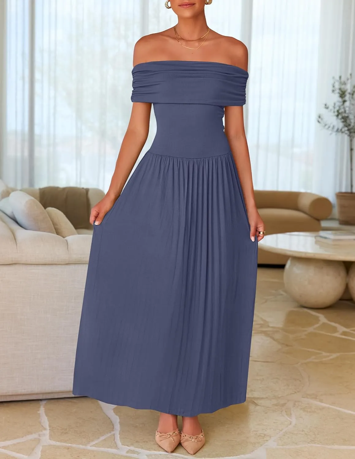 ZESICA Women's Off The Shoulder Maxi Dress 2025 Summer Sleeveless Casual Slim Swing Pleated Formal Party Dresses