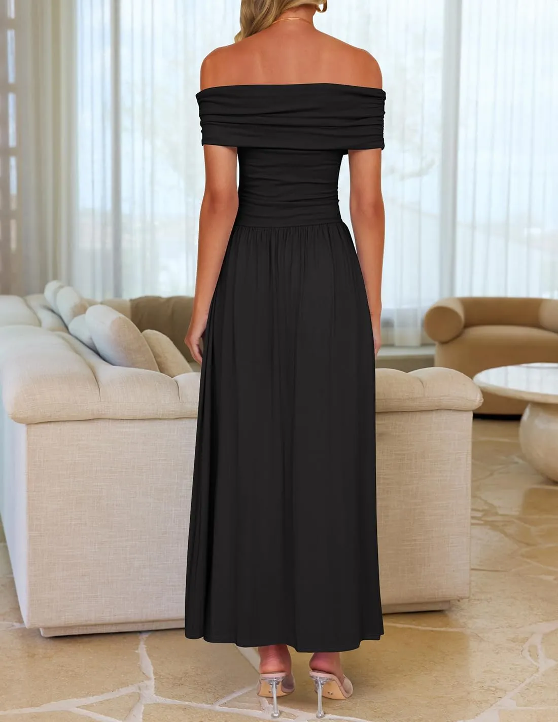 ZESICA Women's Off The Shoulder Maxi Dress 2025 Summer Sleeveless Casual Slim Swing Pleated Formal Party Dresses