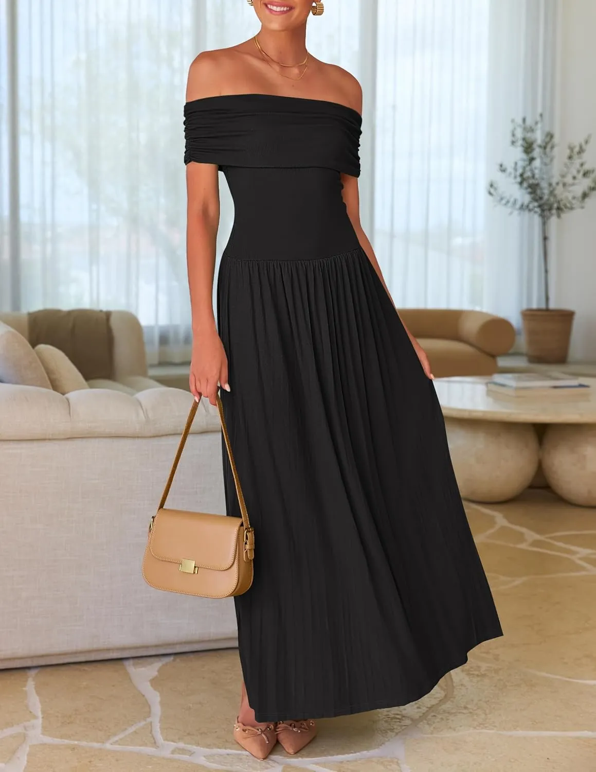 ZESICA Women's Off The Shoulder Maxi Dress 2025 Summer Sleeveless Casual Slim Swing Pleated Formal Party Dresses