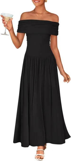 ZESICA Women's Off The Shoulder Maxi Dress 2025 Summer Sleeveless Casual Slim Swing Pleated Formal Party Dresses