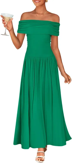 ZESICA Women's Off The Shoulder Maxi Dress 2025 Summer Sleeveless Casual Slim Swing Pleated Formal Party Dresses
