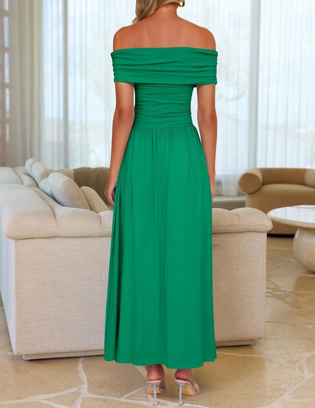 ZESICA Women's Off The Shoulder Maxi Dress 2025 Summer Sleeveless Casual Slim Swing Pleated Formal Party Dresses