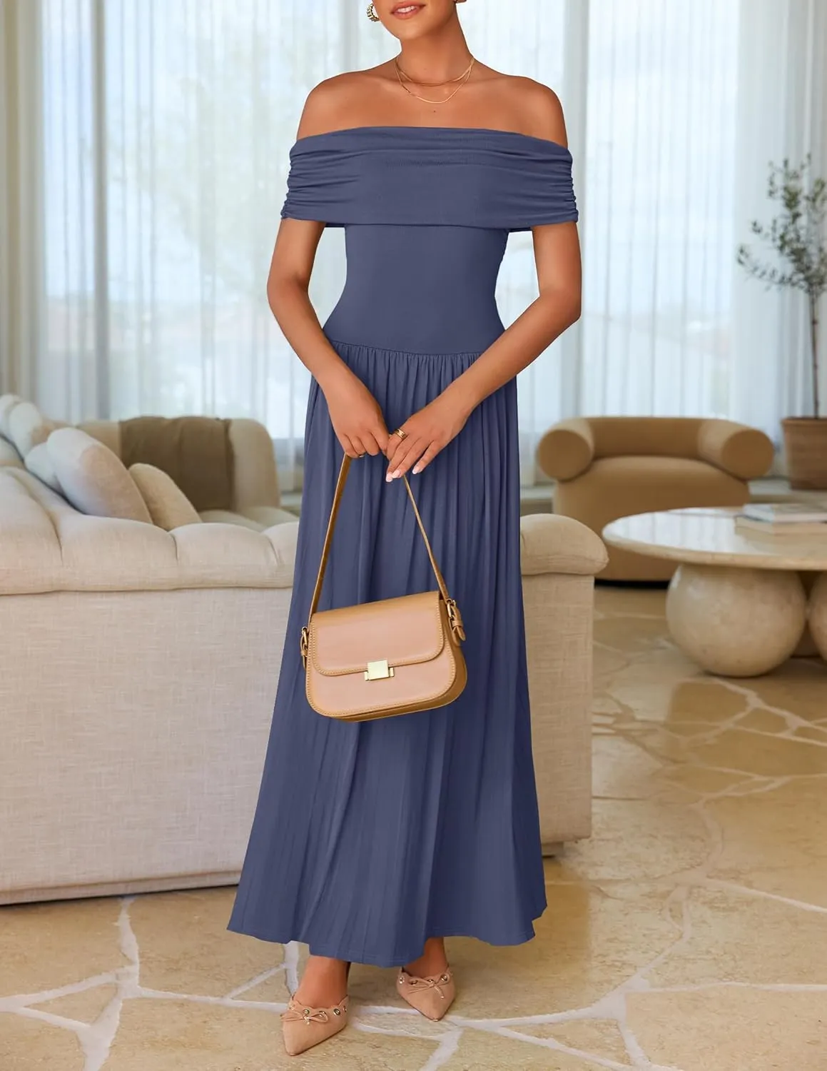 ZESICA Women's Off The Shoulder Maxi Dress 2025 Summer Sleeveless Casual Slim Swing Pleated Formal Party Dresses