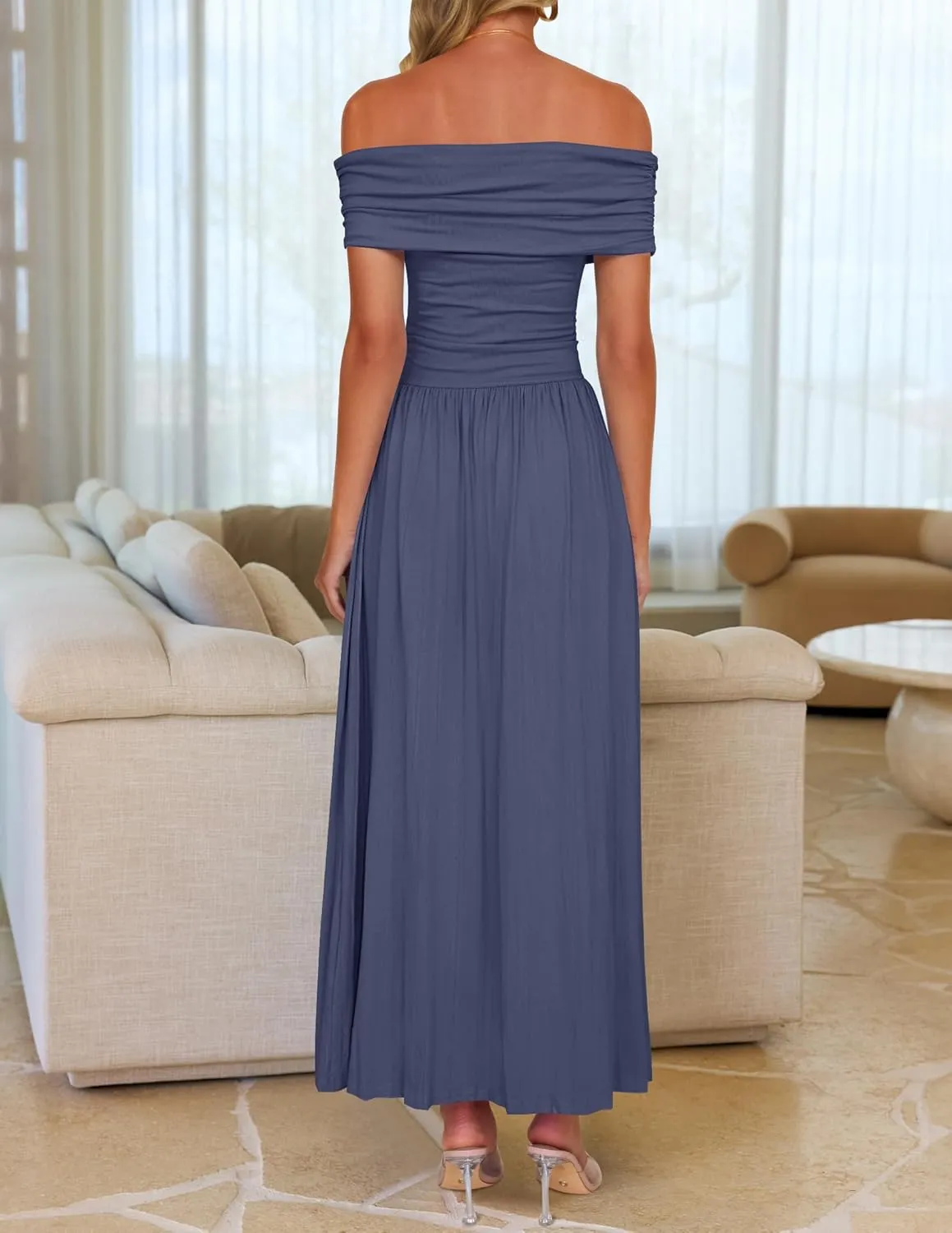 ZESICA Women's Off The Shoulder Maxi Dress 2025 Summer Sleeveless Casual Slim Swing Pleated Formal Party Dresses
