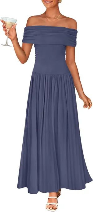 ZESICA Women's Off The Shoulder Maxi Dress 2025 Summer Sleeveless Casual Slim Swing Pleated Formal Party Dresses