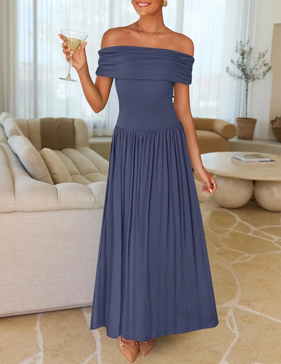 ZESICA Women's Off The Shoulder Maxi Dress 2025 Summer Sleeveless Casual Slim Swing Pleated Formal Party Dresses
