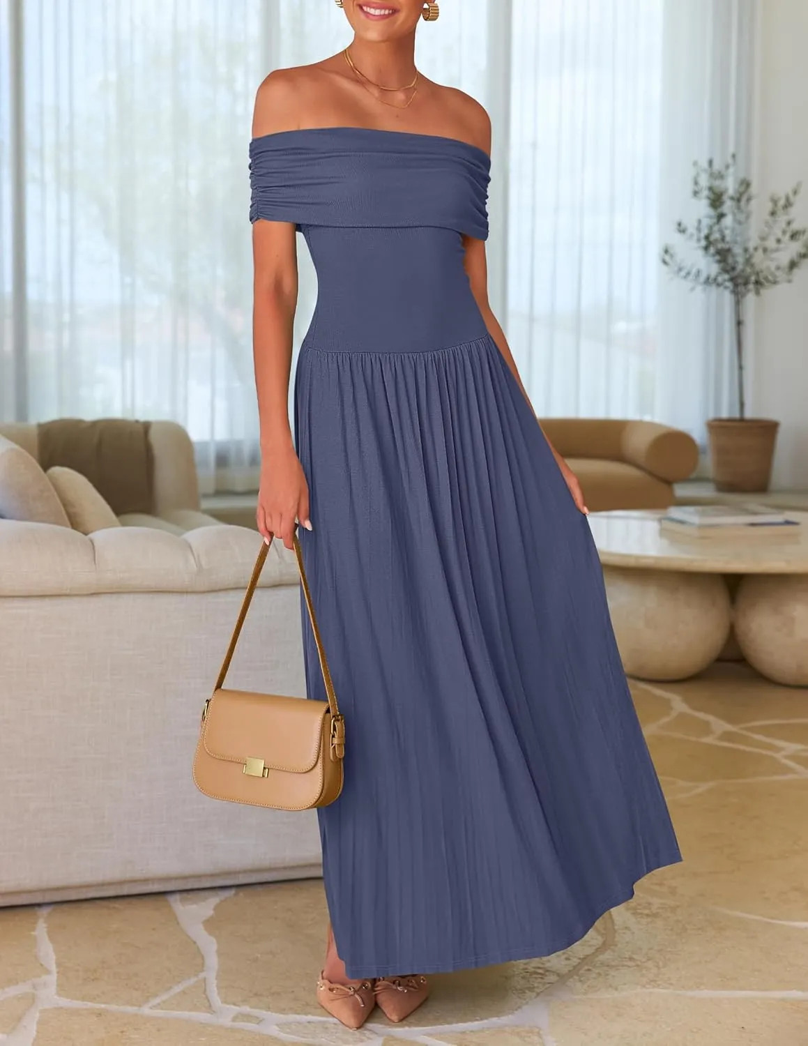 ZESICA Women's Off The Shoulder Maxi Dress 2025 Summer Sleeveless Casual Slim Swing Pleated Formal Party Dresses